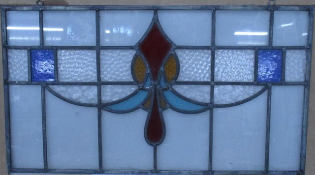 OLD ENGLISH STAINED GLASS WINDOW Unframed w Hooks Pretty Abstract 25" x 14.5"
