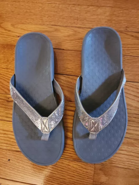 Vionic Tide Sequin Silver Thong Flip Flop Sandals Casual Sumer Shoes Women's 8
