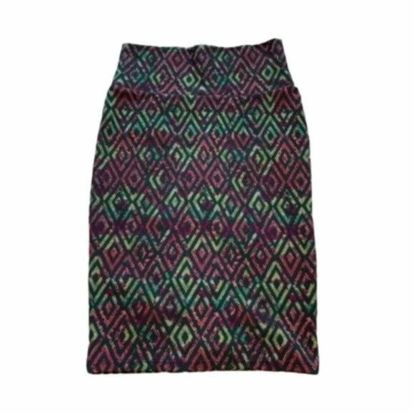 Lularoe Women’s Size XS Cassie Pencil Skirt Geometric Diamond Green Pink Pull On