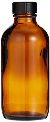4 oz Amber Glass Boston Round Bottles With Black Ribbed Cap - 12 Pack