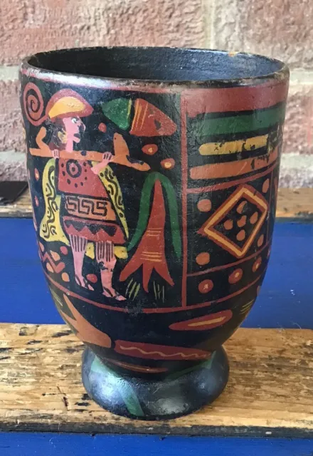 ANTIQUE Peruvian Kero Inca Puru Hand Carved & Painted Wood Drinking Vessel