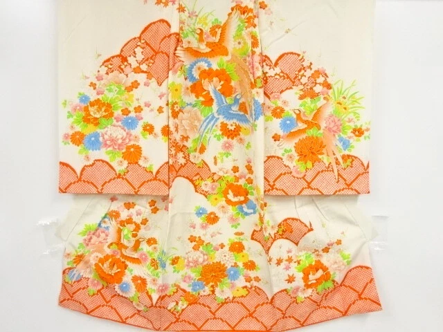 39205# Japanese Kimono / Antique Kimono For Girls / Embroidery / Bird & Flow