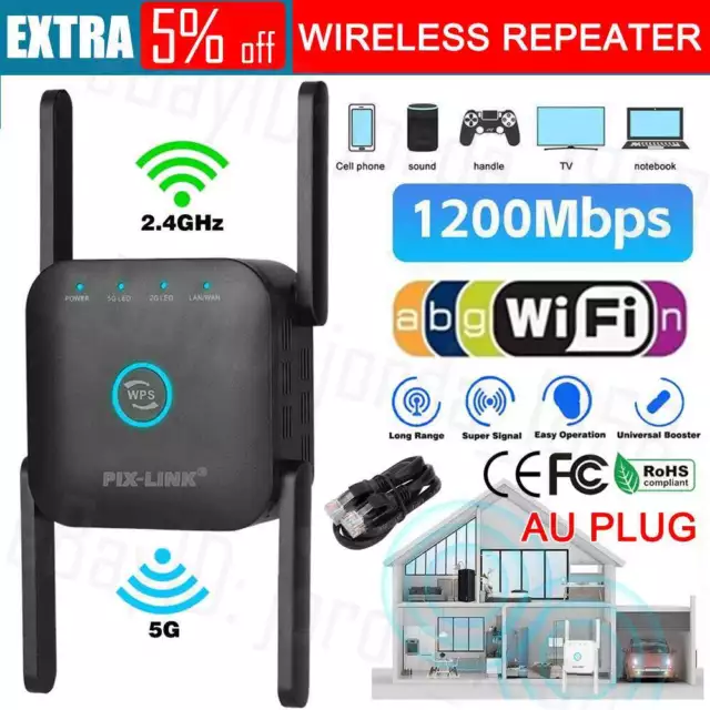 1200Mbps Dual Band Wireless WiFi Extender Repeater Router Range Signal Booster A