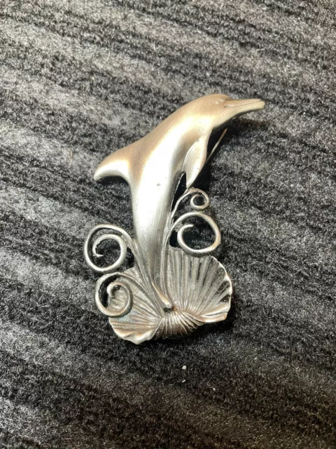 Vtg costume brushed silver tone dolphin pin ! 2 3/4”