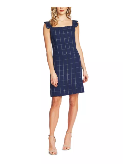 CECE Womens Navy Ruffled Striped Square Neck Above The Knee Shift Dress M