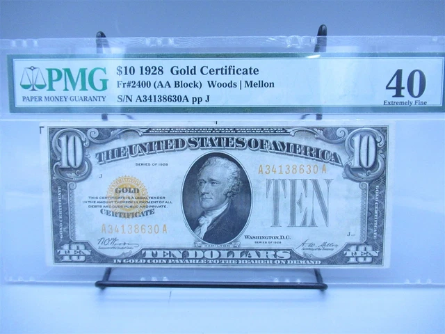 Fr #2400 (AA Block) $10 1928 Gold Certificate Woods | Mellon PMG 40