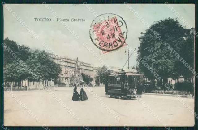 Turin City Statute Square Tram FOLD postcard VK1864