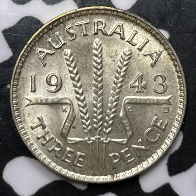 1943 Australia 3 Pence Threepence Lot#D1356 Silver! High Grade! Beautiful!