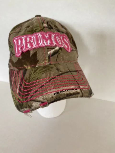 Primos Hunting Calls Real Tree Camouflage Pink Strap Back Distressed Embroidered
