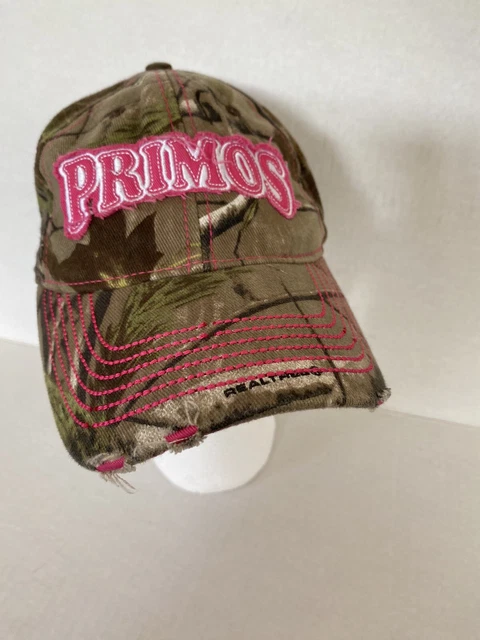 Primos Hunting Calls Real Tree Camouflage Pink Strap Back Distressed Embroidered Primos Hunting Calls Real Tree Camouflage Pink Strap Back Distressed Embroidered