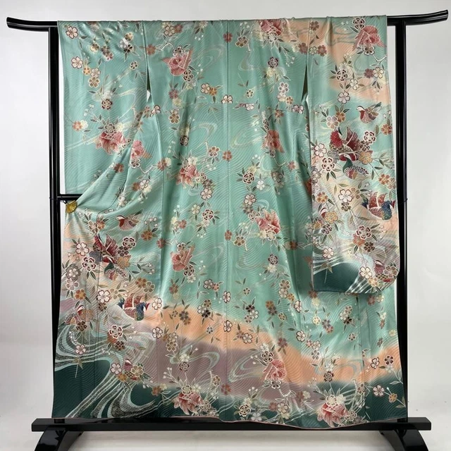 JAPANESE KIMONO FURISODE LONG SLEEVES LADIES WOVEN SILK Blue green color 158.5cm