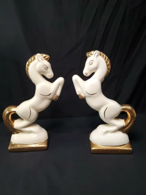 Art Deco Rearing Horse Ceramic Statue White Gold Crackle Glaze 12" tall. Pair