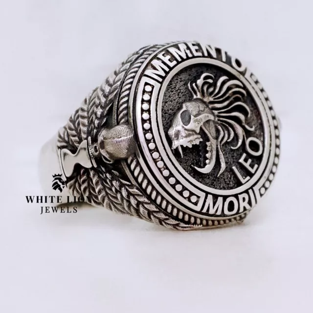 Combo Memento Mori Leone Teschio Zodiac Leo Firmare 925 Argento Ossidato Anello