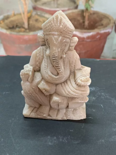 Antique Indian Hand Carved White Marble Stone Lord Ganesha Idol Statue 4.5" 2