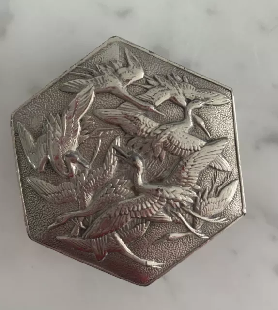 Vintage Ornate Sterling Silver Pill Box, Trinket Box Heron