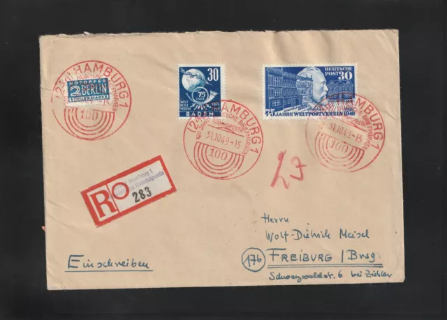 Bund/Fr.Zone, Reco Brief mit der 116 aus Hamburg nach Freiburg 1949