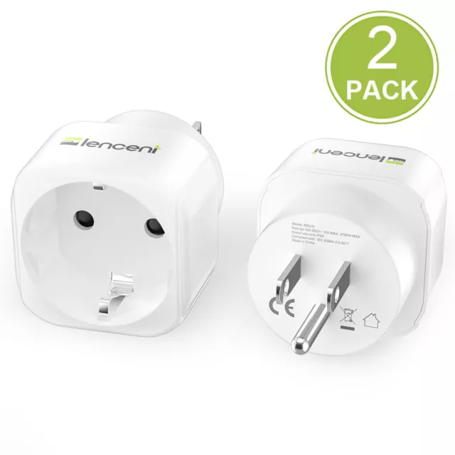 LENCENT EU Euro Europe to US USA Travel Plug Adapter Outlet Converter - 2 Pack