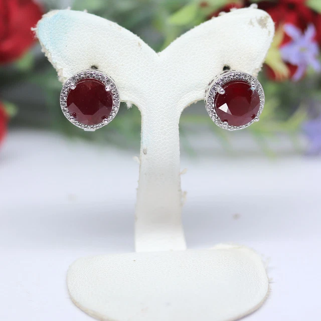 NATURAL 9 mm. ROUND CUT BLOOD RED RUBY & WHITE CZ EARRINGS 925 STERLING SILVER