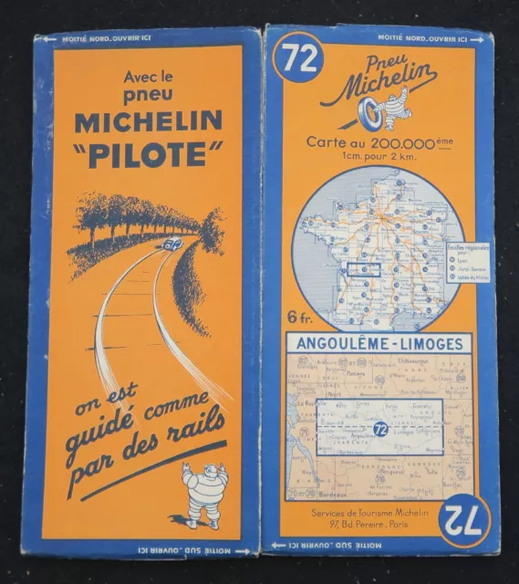 Carte MICHELIN entoilée n°72 Angoulême Limoges 1938 old map Bibendum pneu