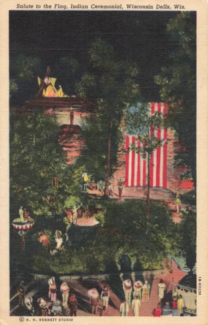 Wisconsin Dells WI, Salute to the US Flag, Indian Ceremonial, Vintage Postcard