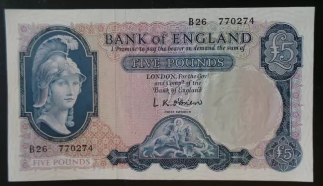 UK, (O'Brien), UNC, £5 Note, 1957-61. Serial # B26 770274. P # 371. EPM # B277.