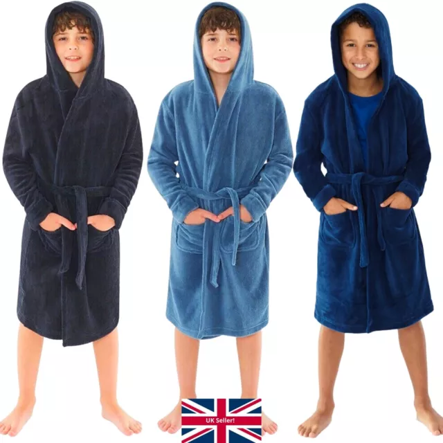 Bedlam Boys Hooded Fleece Dressing Gown Bath Robe Unisex Plain Colours 9-15 Yrs