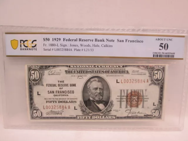 1929 Us $50 Frb Of San Francisco Ca National Banknote- Pcgs About Unc 50