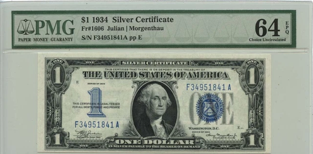 1934 $1 Silver Certificate Blue Seal Fr# 1606 PMG 64 EPQ