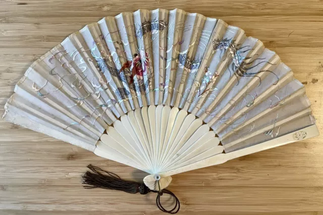 Antique Chinese Hand Embroidered Dragon Silk Folding Fan with Bone Sticks