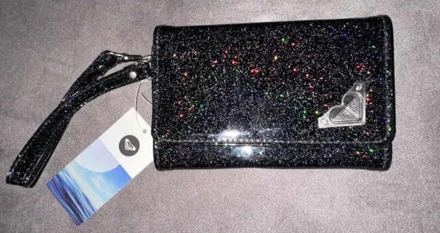 ROXY SASSY Wallet Wristlet Black Faux Patent Leather With Rainbow Glitter NWT