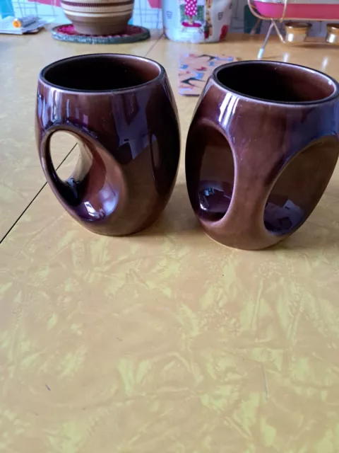 Vintage Holkham Pottery Owl Mugs X 2 Brown Retro Mid Century 1960s