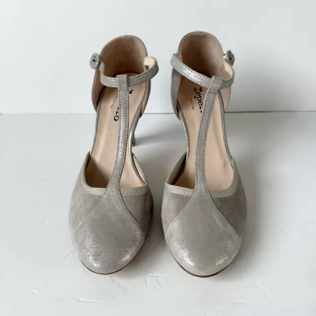 Repetto Paris Baya T-Strap Pumps in Metallic Leather/Light Grey suede Size 8 2