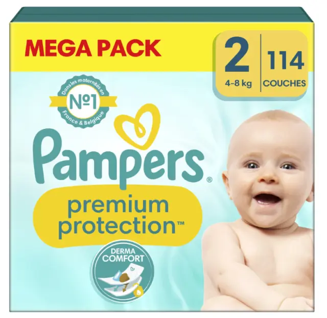 Mega Pack 114 Couches PAMPERS Premium Protection Taille 2 (4-8 Kg) Derma Confort