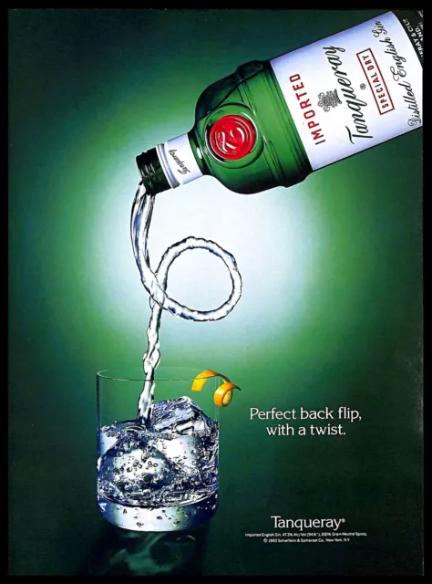 1993 Tanqueray English Gin Vintage PRINT AD Green Bottle Glass Ice Cubes