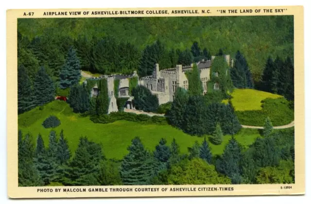 Vintage WB Postcard "Airplane View Asheville-Biltmore College Asheville, NC"
