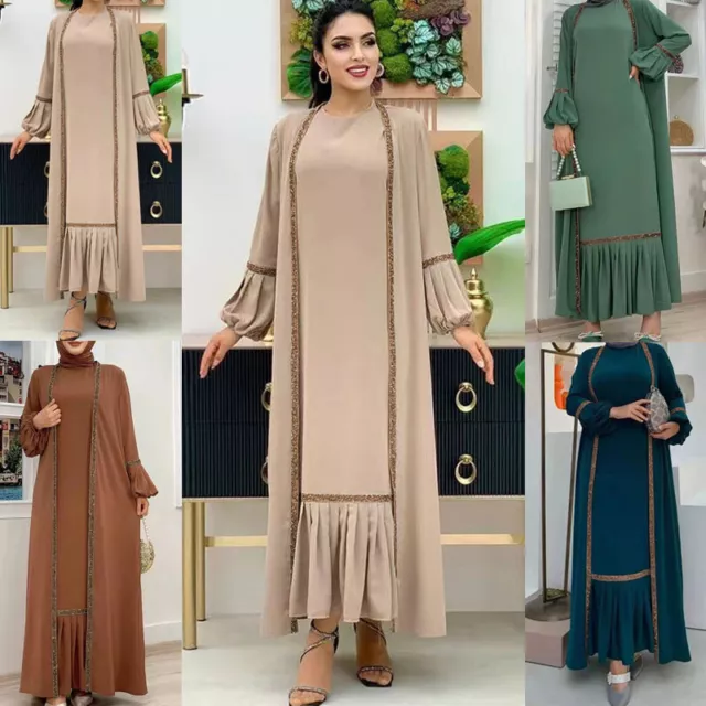Muslim Open Abaya Dress Set Women Islamic Kimono Cardigan Jilbab Kaftan Ramadan