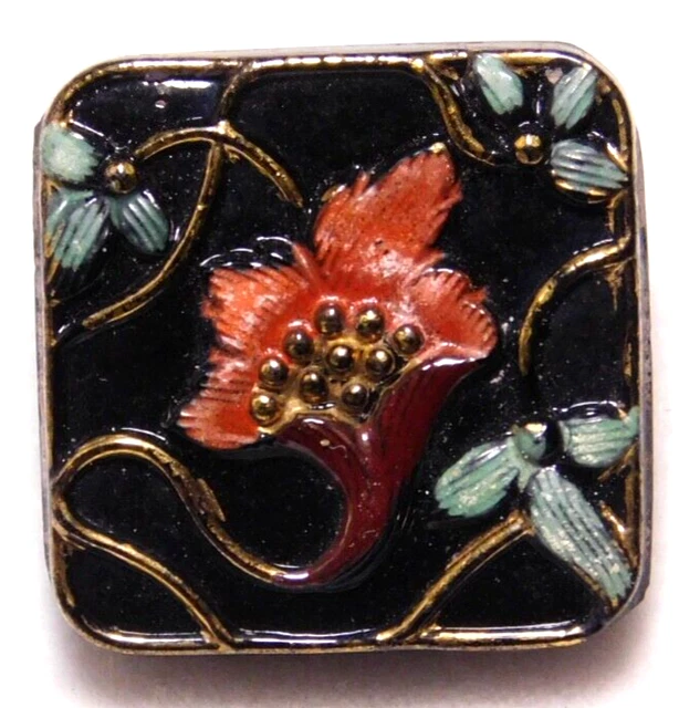 Antique Vtg BUTTONSqurae Enamel on Glass Lily Flower NICE #J1