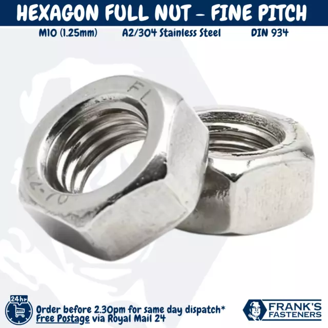 🇬🇧 M10 x 1.25mm FINE PITCH HEXAGON FULL NUTS HEX NUT A2 STAINLESS STEEL