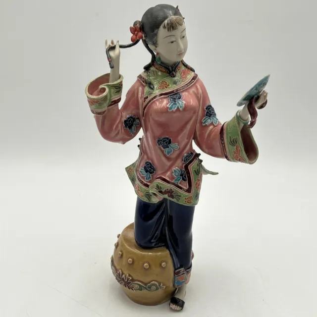 VTG 11” Chinese Porcelain Shi Wan Lady Girl Standing Admiring Herself Figurine