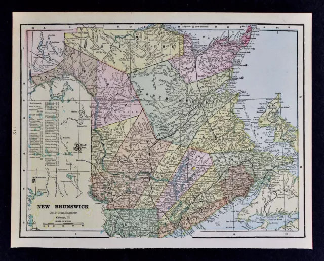 c 1900 Cram Map - New Brunswick  Canada Fredericton Chatham Bathurst Dorchester