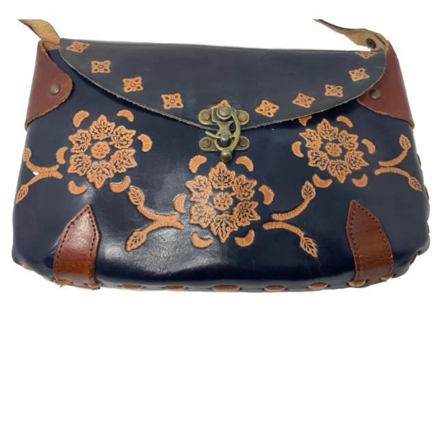 Small Vintage Blue Boho Floral Hand Crafted Tooled Leather Shoulder Bag