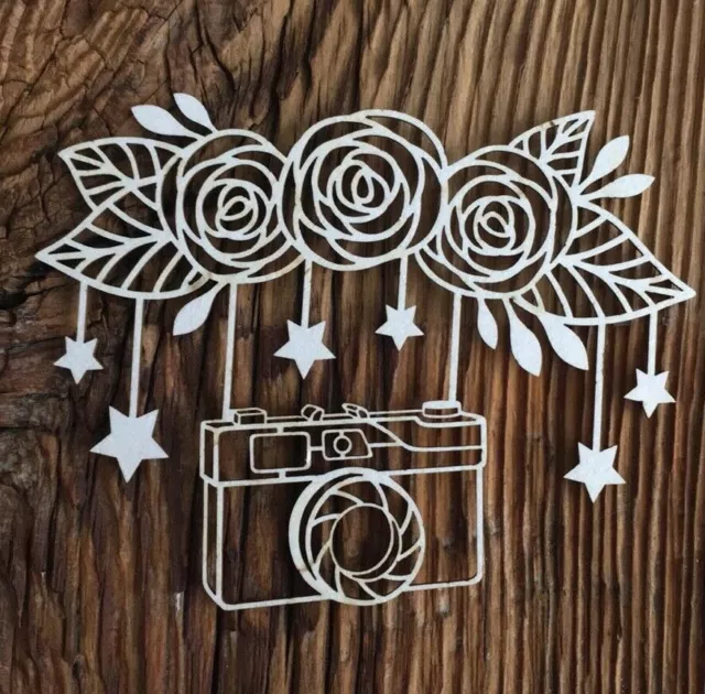 1x "STAR CAMERA" Shape Chipboard Cardboard Die Cut-out Craft Card Toppers PS056