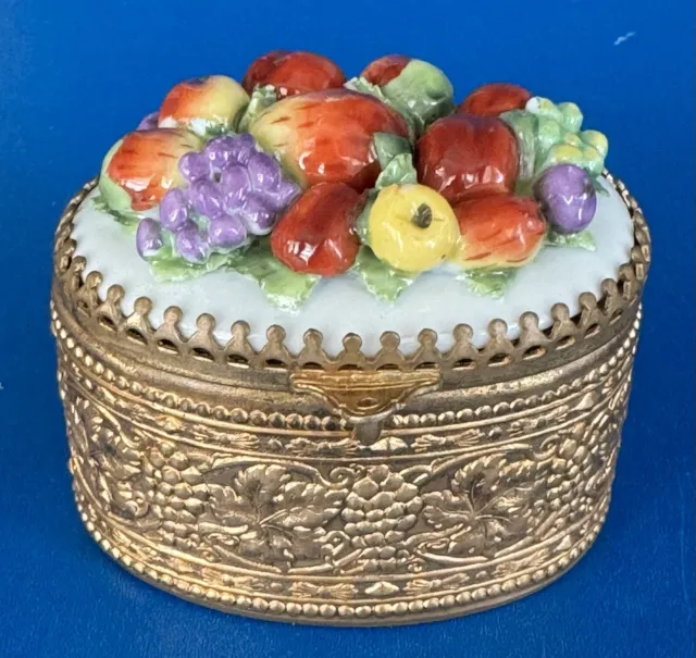 Antique-Elfinware Porcelain-Gold Gilt Brass-Fruit Motif-Trinket Box-Patch Box 2