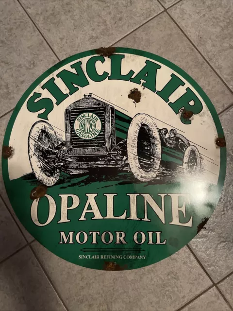 Antique Style Barn Find Look Sinclair Dino Dealer Opaline Oil Race Car Pump Sign