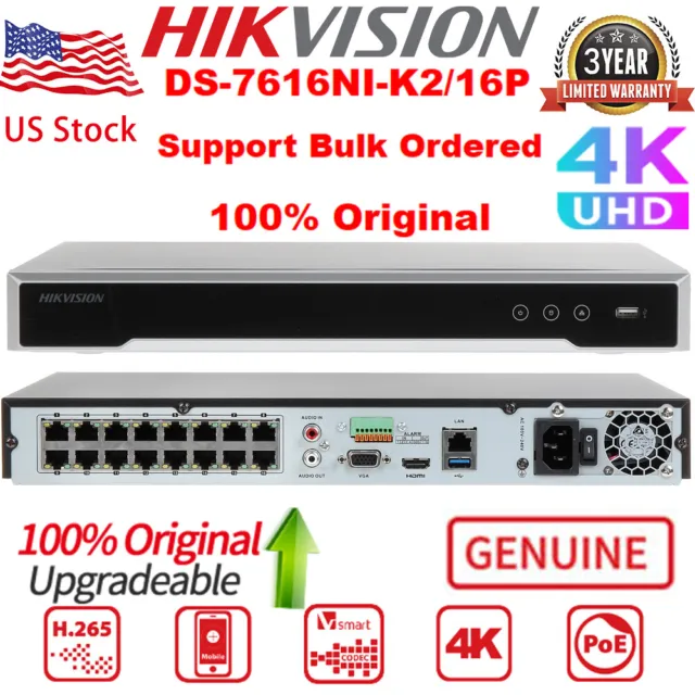 Hikvision 16CH 16POE DS-7616NI-K2/16P 4K NVR H.265 HDMI Network Video Recorder