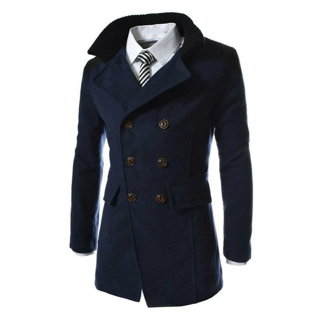 Mens Winter Woolen Long Jacket Trench Coat Double Breasted Warm Overcoat Outwear 5