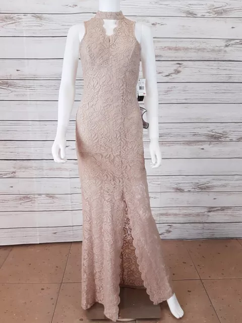 Jump Apparel by Wendy C Cocktail Maxi Dress Sz 3/4 Beige Overlay Lace Sleeveless