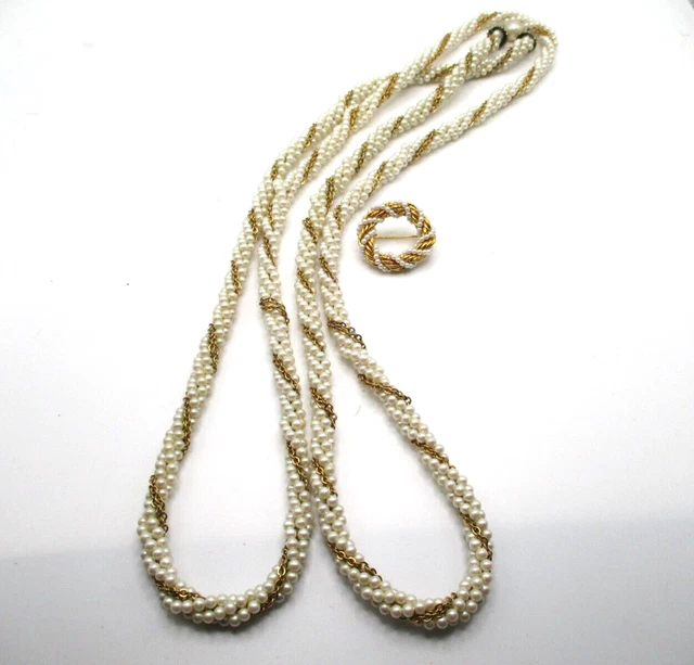 Vintage Gold Tone Faux Seed Pearls Twisted Chain 54 In Necklace & Brooch