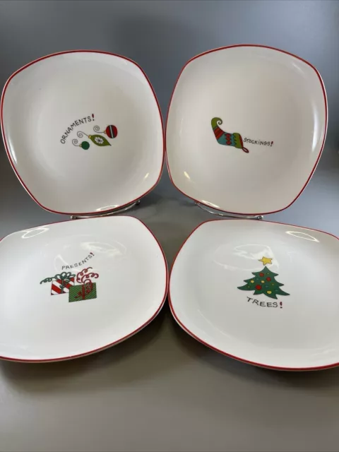 Set of 4 Fitz & Floyd Gourmet HAPPY HOLIDAYS Christmas Square Canape Plates