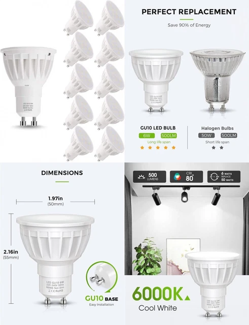 LEHASI GU10 LED Bulbs Cool White 6000K, 6W Equivalent to 50W Halogen Light...
